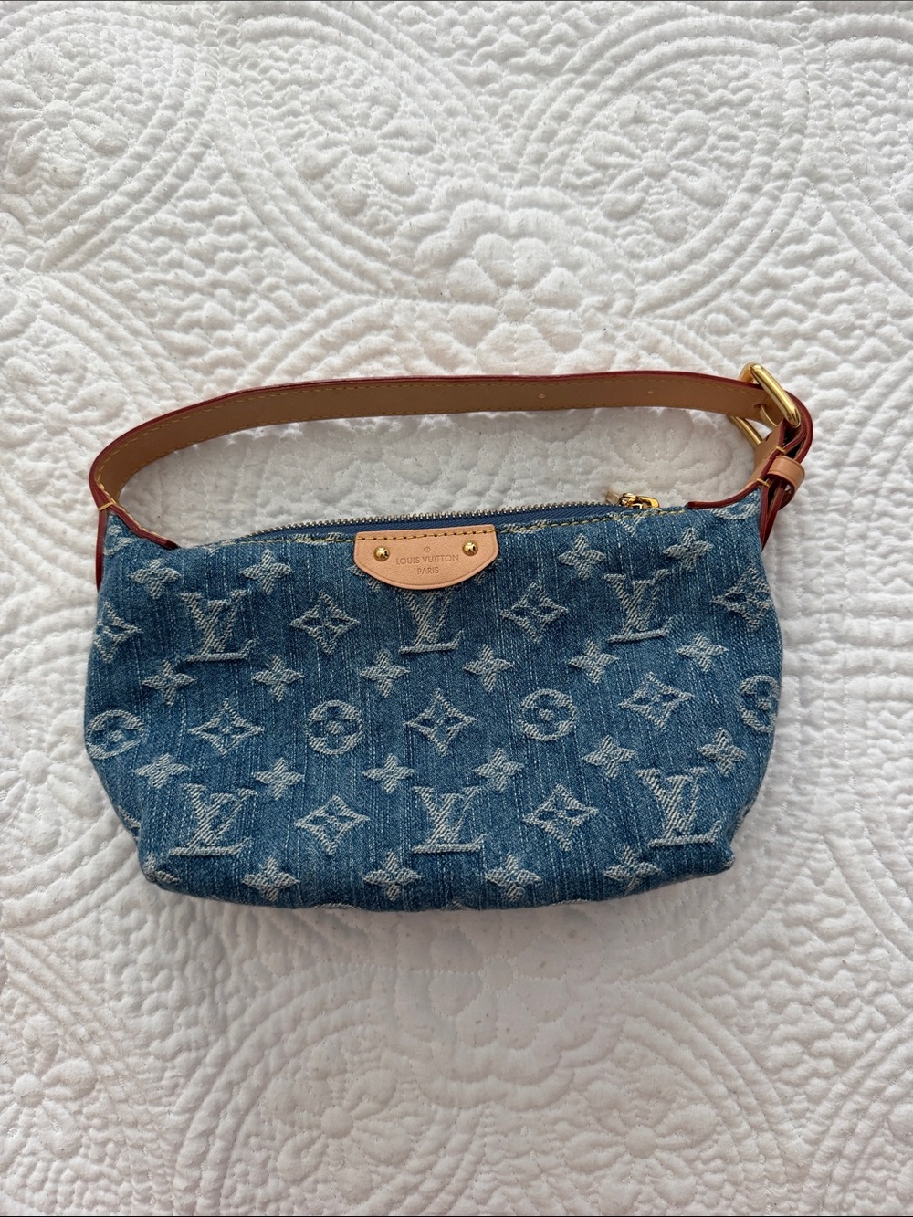 Louis Vuitton Denim Monogram Mini Pochette in denim with Natural Leather Strap